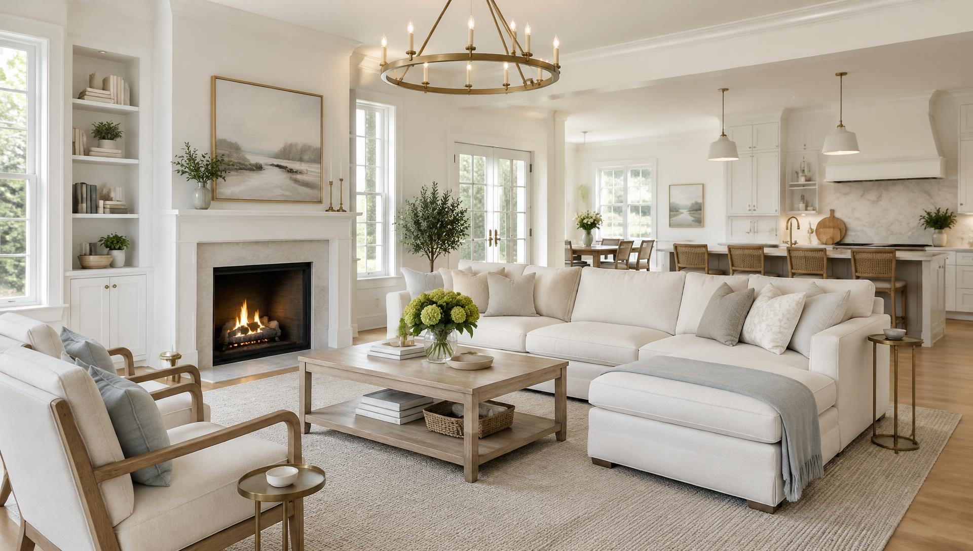 Bright, spotless living room and kitchen in a New Hampshire home